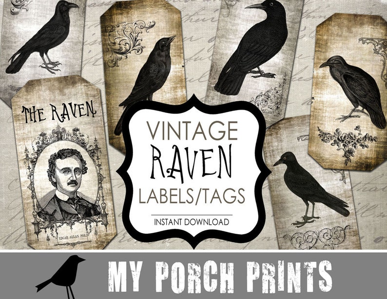 Halloween decorations, Raven, Edgar Allan, Poe, tag, label, scrapbook paper, scrapbook embellishment, digital paper, ephemera, junk journal image 3