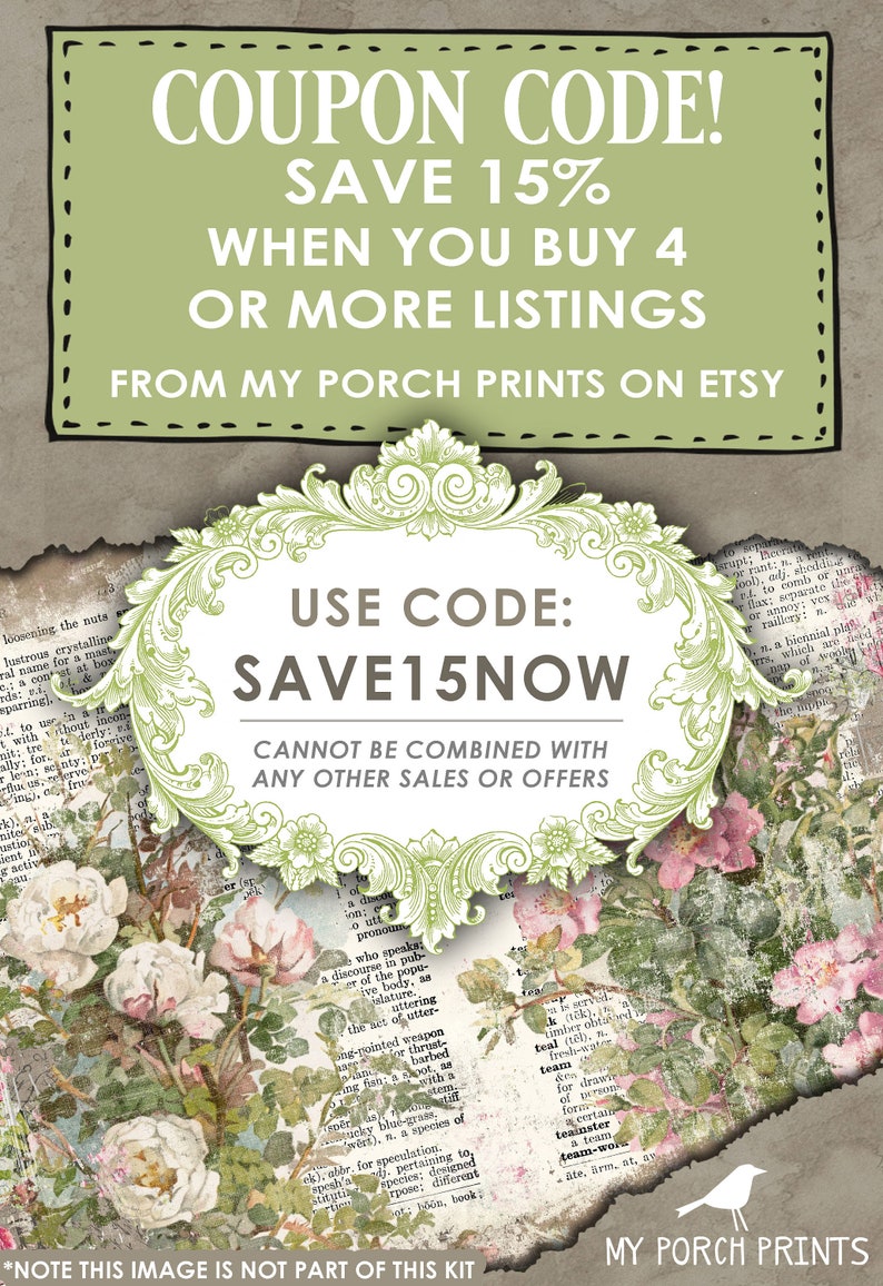 Junk Journal, Papers, Shabby, Ruler, Sewing, Pink, Floral, Pages, Kit, Roses, Tape Measure, My Porch Prints, Printable, Digital Download afbeelding 8