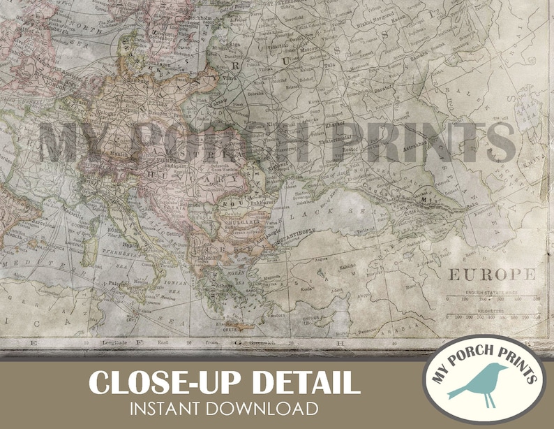 Puede incluir: Un mapa antiguo de Europa con un aspecto descolorido y vintage. El mapa muestra los pa&iacute;ses de Europa con sus fronteras y las principales ciudades. El mapa est&aacute; impreso en un papel texturizado con un fondo marr&oacute;n claro.