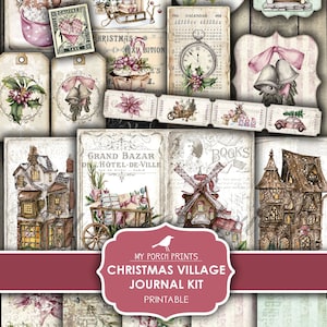 Christmas, Village, Junk Journal, Daily, Kit, December, Traditions, Card, Pink, Shops, House, My Porch Prints, Digital Download, Printable
