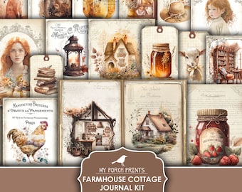 May include: A digital printable farmhouse cottage journal kit with 16 images. The images include a variety of designs, such as a cottage, a lantern, a jar, a rooster, a fox, a book stack, a girl, a hat, and a jar of jam. The kit also includes 4 patterned papers.