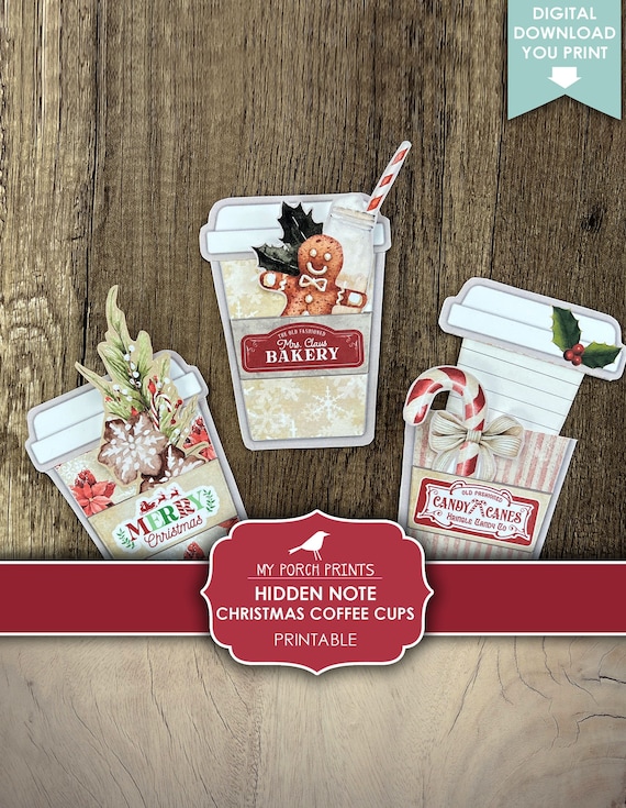 Christmas Hidden Note Coffee Cups for Gift Card Holder, Junk Journal To From Tags Ornament  Printable, My Porch Prints, Digital Download