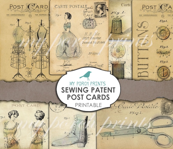 Sewing, Patent, Junk Journal, Post Card, Printable Ephemera, Postcard, Vintage, Corset, Scrapbook, Collage Sheet, Printable, Paper, Download