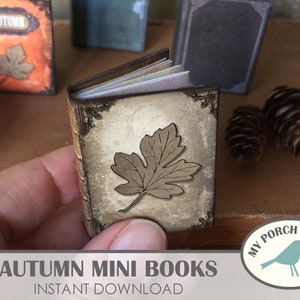 Mini livros de outono, outono, mini álbum, colar, scrapbook, imprimível, vintage, miniatura, diário de lixo, enfeite, pingente, ornamento, folha