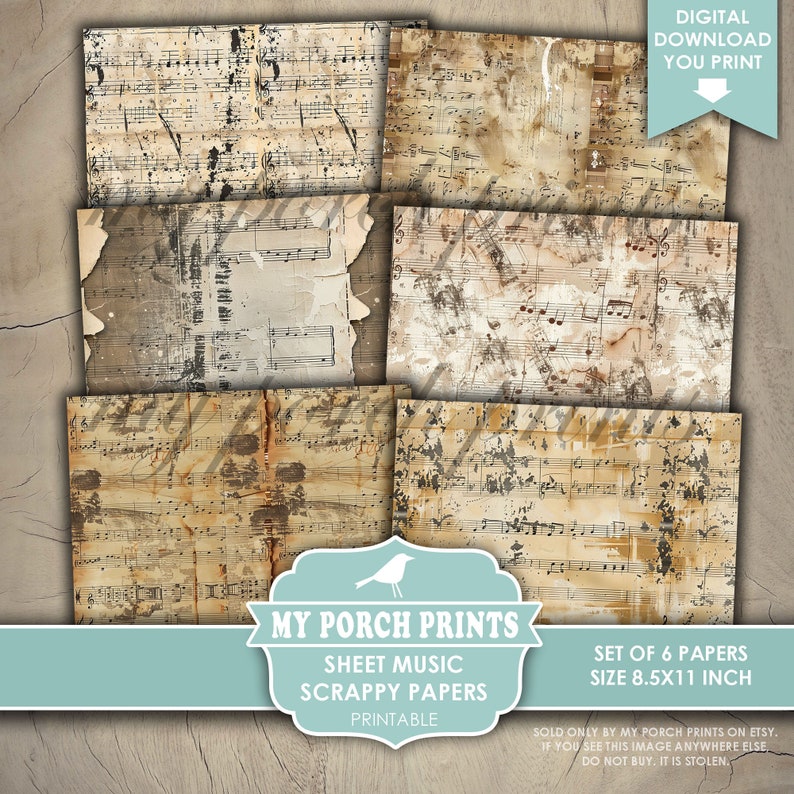 Sheet Music Scrappy Papers, Junk Journal, Pages, Neutral, Vintage, Backing, Collage, Craft, My Porch Prints, Printable, Digital Download Bild 4