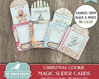 May include: A collection of Christmas cookie magic slider cards with various designs, including a gingerbread man, Christmas tree, snowflake, and candy cane. The cards are 3.5 x 4 inches and feature the text "Christmas Cookie Magic Slider Cards".