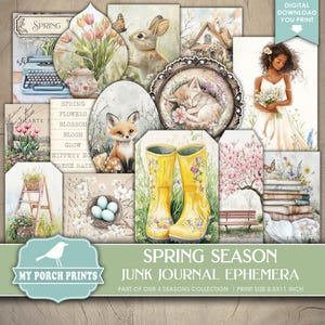 Spring Season EPHEMERA, Junk Journal, Kit, 4, Four, Seasons, Easter, Floral, Planner, Pastel, My Porch Prints, Printable Digital Download