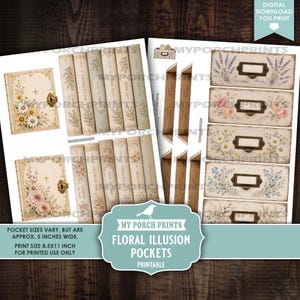 May include: A digital download printable set featuring floral illusion pockets, book spines, and drawer fronts. The designs include cream-coloured book covers with gold keyholes, floral illustrations, and labels. Text includes "My Porch Prints" and "Floral Illusion Pockets" with dimensions of 8.5x11 inches.
