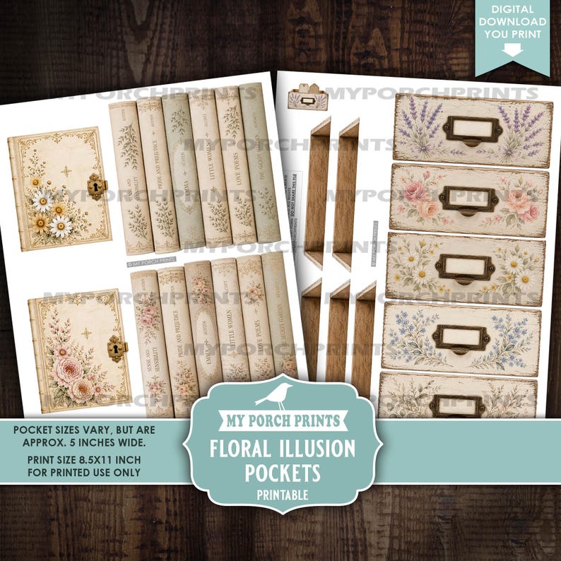 May include: A digital download printable set featuring floral illusion pockets, book spines, and drawer fronts. The designs include cream-coloured book covers with gold keyholes, floral illustrations, and labels. Text includes "My Porch Prints" and "Floral Illusion Pockets" with dimensions of 8.5x11 inches.