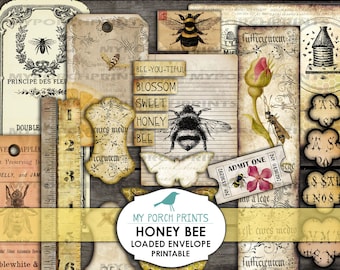 Puede incluir: Un conjunto de papeles digitales imprimibles con temática de abejas. Los papeles incluyen imágenes de abejas, flores y texto de estilo vintage. Los papeles son perfectos para scrapbooking, creación de tarjetas y otras manualidades de papel.
