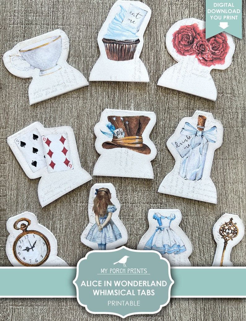 K&ouml;nnte beinhalten: Druckbare Alice im Wunderland-Tabs mit Bildern einer Teetasse, eines Cupcakes, Rosen, Spielkarten, dem Hut des Hutmachers, einer Flasche mit der Aufschrift "Trink mich", Alice, einer Taschenuhr und einem Schl&uuml;ssel.