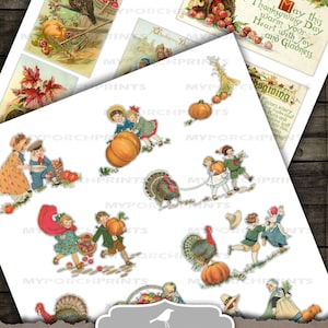 May include: Printable digital paper pack with vintage illustrations of children, turkeys, pumpkins, and fall harvest scenes. The paper pack includes the text "My Porch Prints Fussy Cut Fall Harvest Printable".