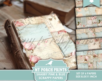 Shabby Pink and Blue Scrappy Papers, Junk Journal, Pages, Vintage, Floral, Backing, Craft, My Porch Prints, Printable, Digital Download