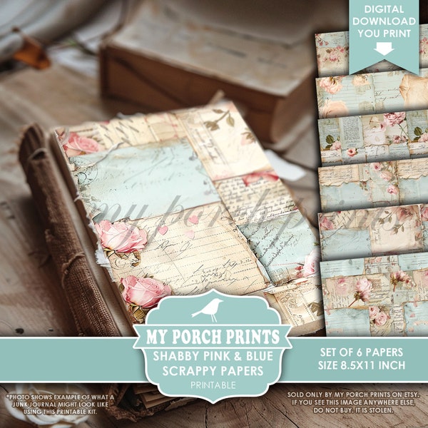 Shabby Pink and Blue Scrappy Papers, Junk Journal, Pages, Vintage, Floral, Backing, Craft, My Porch Prints, Printable, Digital Download