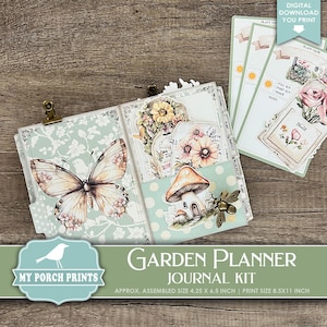 May include: A Garden Planner Journal Kit with a butterfly and mushroom design. The journal is open, revealing decorative pages and pockets. The assembled size is approximately 4.25 x 6.5 inches.