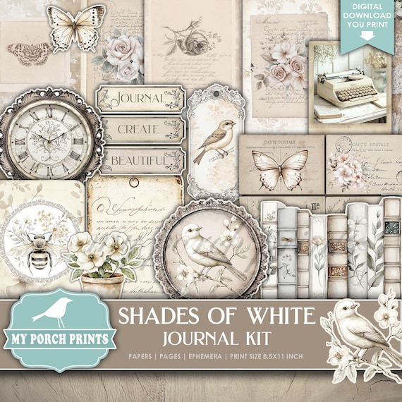 Shades of White Junk Journal Kit, Flowers, Cream, Ivory, Shabby, Vintage, Beige, Books, Neutral, My Porch Prints Printable Digital Download