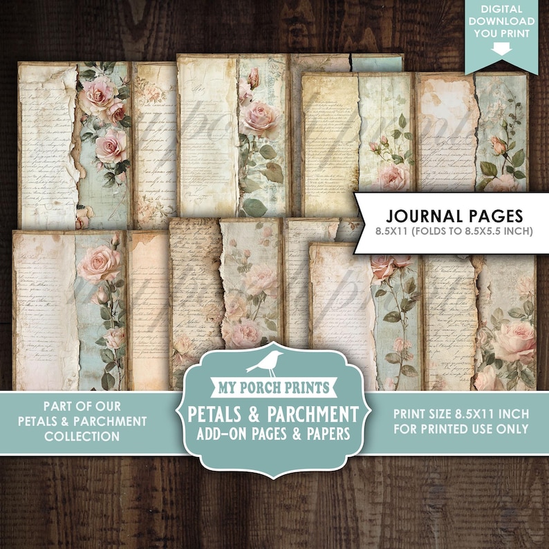 Petals and Parchment Junk Journal, Add-on, PAGES & PAPERS, Roses, Teal ...