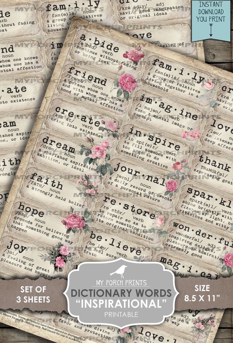 Dictionary, Definitions, Junk Journal, Definition, Inspirational, Rose, Phrases, Mixed Media, Words, My Porch Prints, Printable, Ephemera image 4