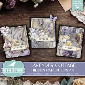 Puede incluir: Tres clips decorativos con diseños de lavanda y flores. Cada clip presenta una palabra diferente: "Lavender", "Cottage" y "Create". Los clips están adornados con mariposas y otros adornos. Cada clip mide 6,35 cm x 7,62 cm.