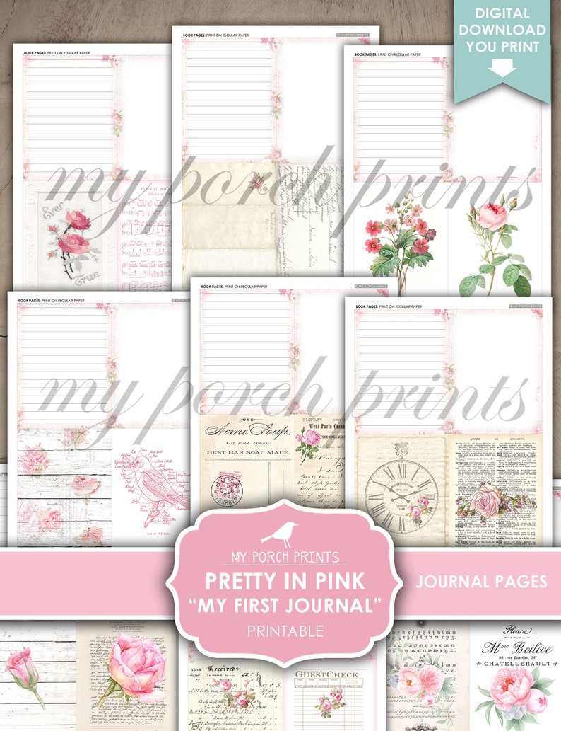 Op de afbeelding: Printbare journalpagina's met een roze en wit bloemenmotief. De pagina's bevatten verschillende ontwerpen, waaronder een klok, een vogel en een bloemenpatroon. De tekst "My Porch Prints" en "Pretty in Pink" is zichtbaar op de pagina. De tekst "My First Journal" is ook zichtbaar op de pagina.