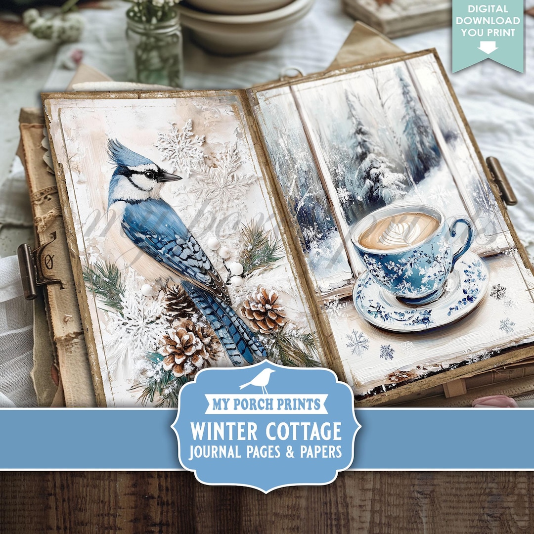 Winter Cottage Junk Journal PAGES & PAPERS, Vintage, Snow, Blue, White ...