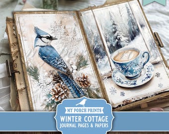 Winter Cottage Junk Journal PAGES & PAPERS, Vintage, Snow, Blue, White, Floral, Cozy, Season, My Porch Prints, Printable, Digital Download