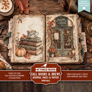 Peut inclure: Une page de journal ouverte présentant une pile de livres surmontée d'une tasse de café fumante et d'une citrouille à gauche, et une devanture de librairie avec le texte BOOKS & COFFEE et A QUIETER KIND OF HAPPINESS à droite, avec des feuilles d'automne.