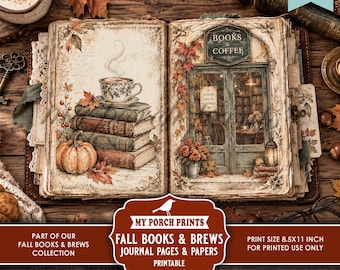 Puede incluir: Una página de diario abierta con una pila de libros coronada por una taza de café humeante y una calabaza a la izquierda, y una fachada de librería con el texto BOOKS & COFFEE y A QUIETER KIND OF HAPPINESS a la derecha, con hojas de otoño.