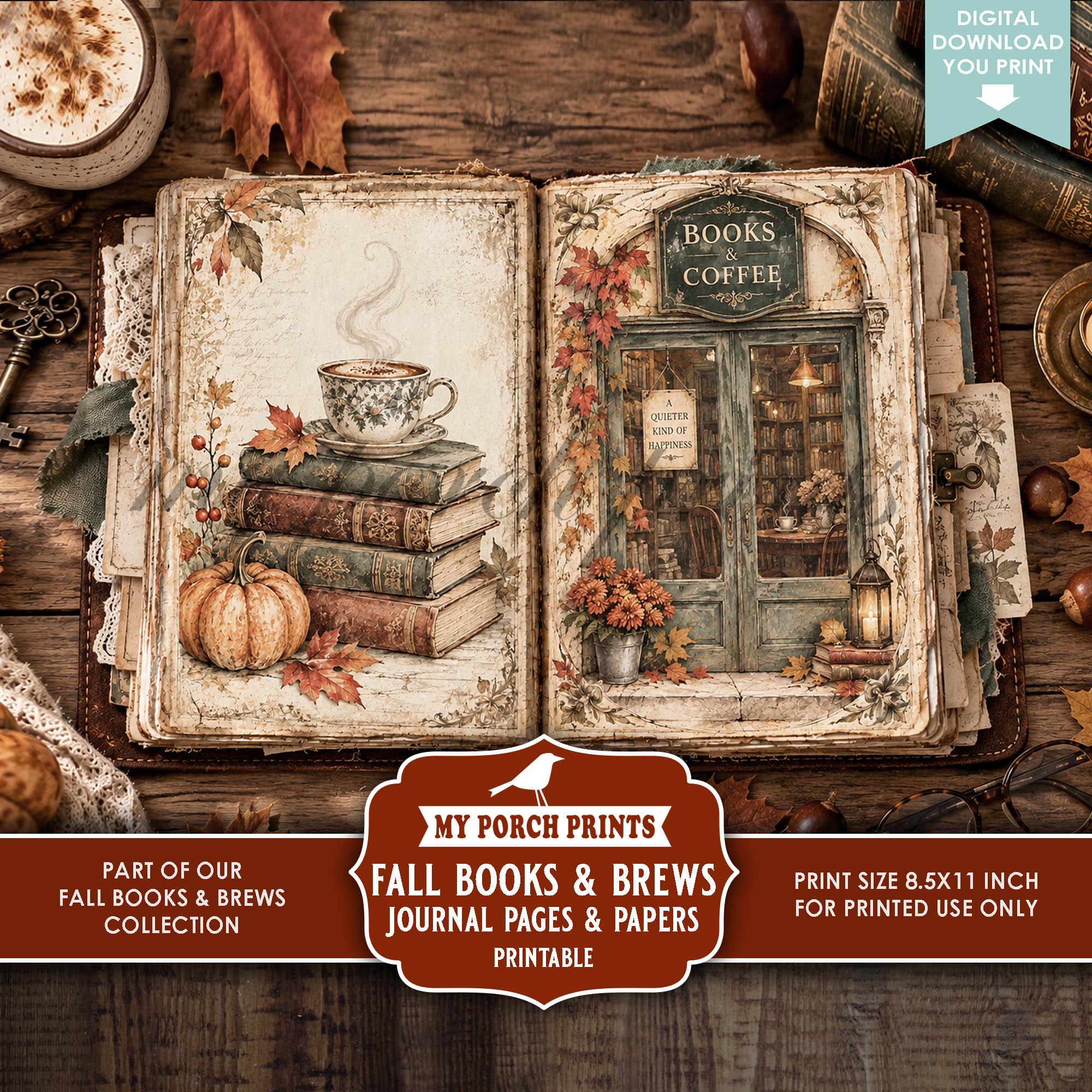 Fall Books And Brews Junk Journal PAGES & PAPERS  Kit October Coffee Cafe Bookshop Autumn Pumpkin My Porch Prints Printable Digital Download