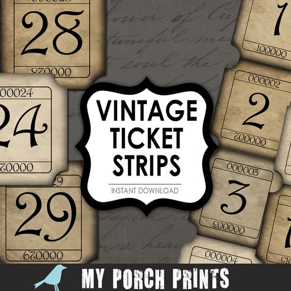 Vintage Tickets, Numbers, Junk Journal, Ticket Strips, Neutral, Masculine, Number, Ephemera, Printable, My Porch Prints, Digital Download