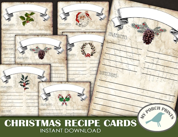 Christmas Recipe Cards, Scrapbook, ATC, 4x6 inch, December daily, Christmas Tags, ornament, decoration, vintage, junk journal, printable