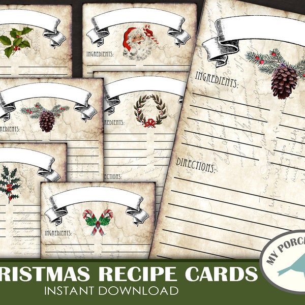 Christmas Recipe Cards, Scrapbook, ATC, 4x6 inch, December daily, Christmas Tags, ornament, decoration, vintage, junk journal, printable
