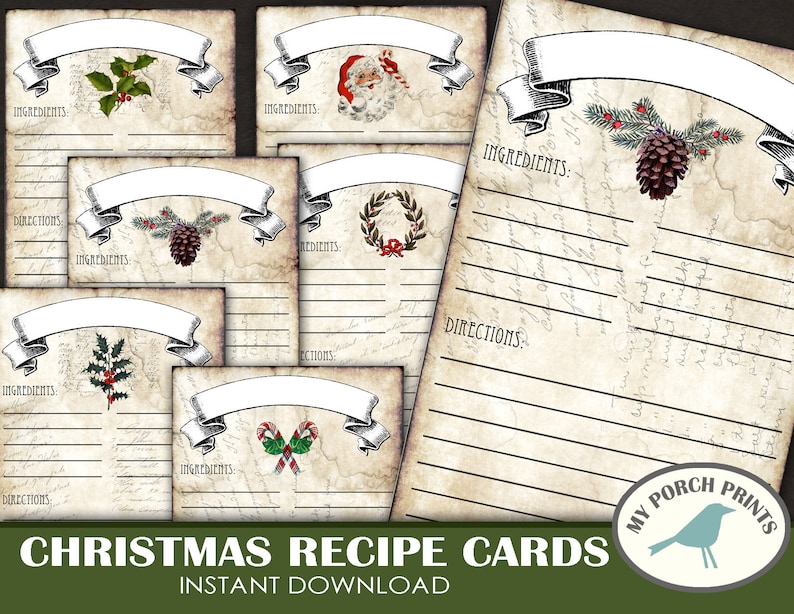May include: Printable Christmas recipe cards with a vintage aesthetic. Each card features a different festive design, including holly, a Santa Claus, a wreath, a pine cone, and candy canes. The cards have lines for writing ingredients and directions.