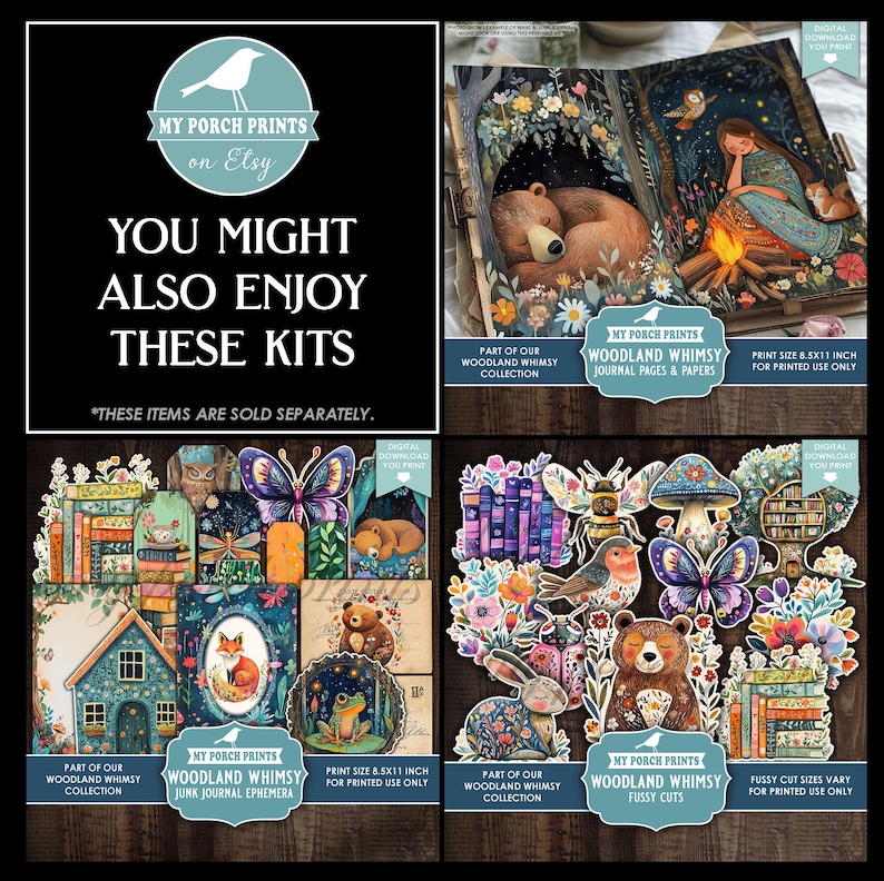 Woodland Whimsy Junk Journal FUSSY CUTS, Kit Colorful Boy Girl Kids Forest Animals Magic My Porch Prints Printable Digital Download image 7