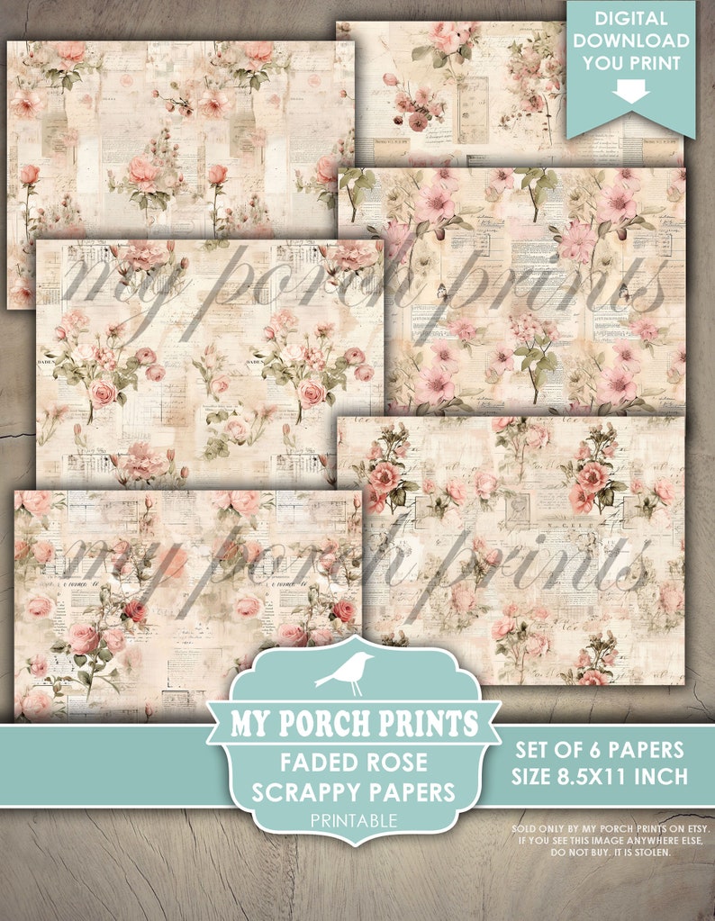 Faded Rose Scrappy Papers, Junk Journal Pages, Floral, Vintage, Shabby, Backing, Paper, Pink, My Porch Prints, Printable, Digital Download bild 4