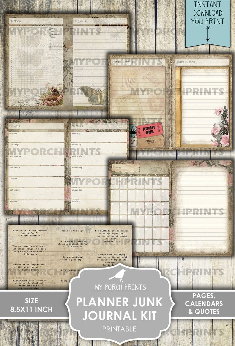 Planner Junk Journal Kit, Calendar, Bullet Journal, Shabby, My Porch Prints, Junk Journal, Printable, Paper, Ephemera, Digital, Download image 6