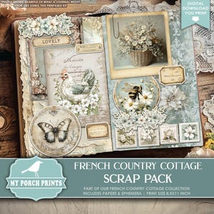 French Country Cottage Scrap Pack, Ephemera, Junk Journal, Kit, Vintage, Blue, Spring, Farm, My Porch Prints Printable Digital Download
