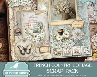 Paquete de recortes de casa de campo francesa, efímera, diario basura, kit, vintage, azul, primavera, granja, impresiones para mi porche, descarga digital imprimible