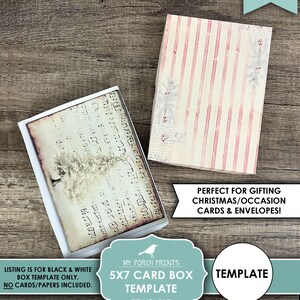 May include: Printable 5x7 card box template for Christmas or other occasions. The template is black and white and includes a music note design. The text "MY PORCH PRINTS 5X7 CARD BOX TEMPLATE PRINTABLE" is on the template. The text "TEMPLATE" is in a teal circle. The text "SOLD ONLY BY MY PORCH PRINTS ON ETSY. IF YOU SEE THIS IMAGE ANYWHERE ELSE, DO NOT BUY. IT IS STOLEN." is at the bottom of the image.