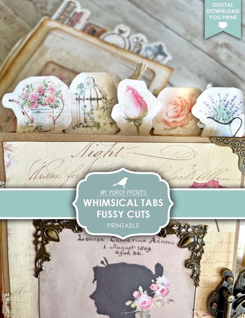 Op de afbeelding: Printbare, grillige tabs met gedetailleerde uitsnijdingen en een bloemmotief. De tabs bevatten een vogelkooi, rozen, een gieter en lavendel. De tekst "Whimsical Tabs Fussy Cuts Printable" staat op een blauwe banner.