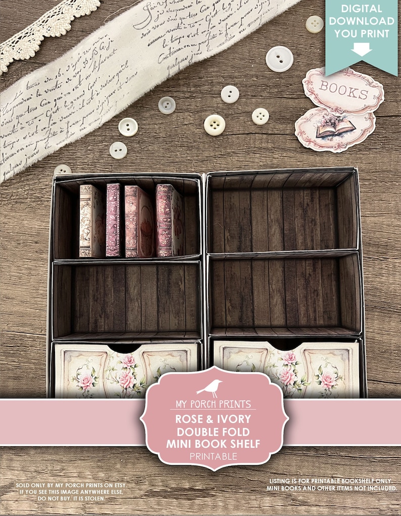 Rose and Ivory Double Fold Mini Book Shelf, Junk Journal Books, Bookshelf Box, Miniature Cabinet, Printable My Porch Prints Digital Download bild 7
