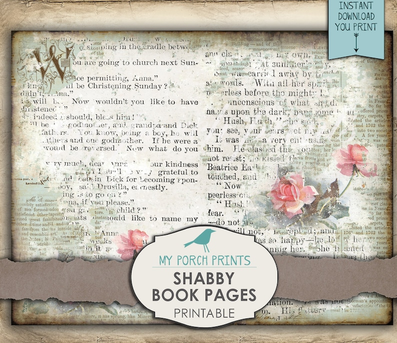 May include: Printable shabby chic book page digital download with a floral design and text that reads "My Porch Prints Shabby Book Pages Printable".