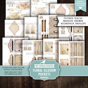 Floral Illusion Pockets 1, Junk Journal Kit Books Tags Spring Teacups Happy Mail Mailbox Vintage, My Porch Prints Printable Digital Download image 3