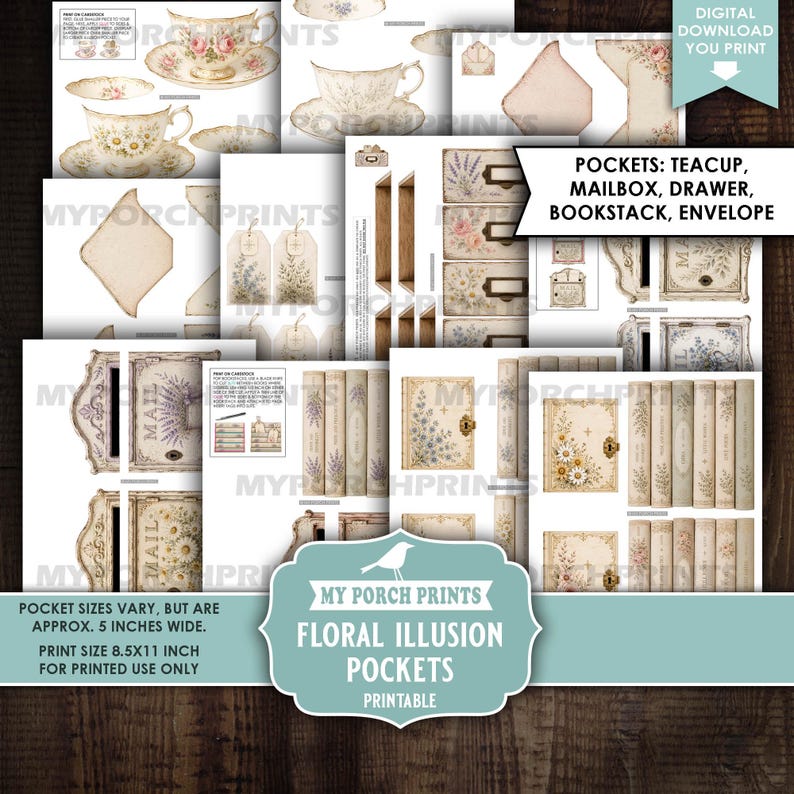 Floral Illusion Pockets 1, Junk Journal Kit Books Tags Spring Teacups Happy Mail Mailbox Vintage, My Porch Prints Printable Digital Download image 3