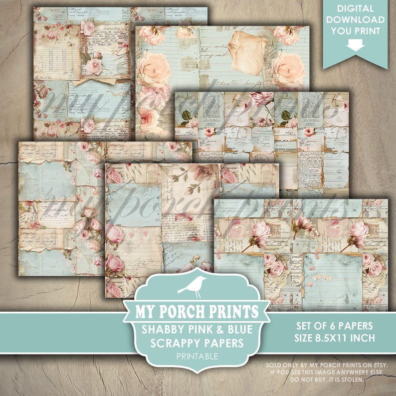 Shabby Pink and Blue Scrappy Papers, Junk Journal, Pages, Vintage, Floral, Backing, Craft, My Porch Prints, Printable, Digital Download Bild 3