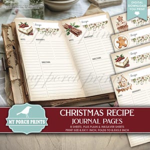 Christmas Recipe Pages, Cookies, Dessert, Baking, Cook Book, Cake, Holiday, Food, Junk Journal, My Porch Prints, Printable, Digital Download