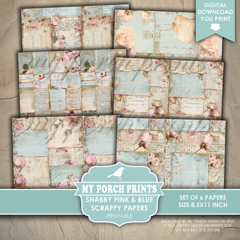 Shabby Pink and Blue Scrappy Papers, Junk Journal, Pages, Vintage, Floral, Backing, Craft, My Porch Prints, Printable, Digital Download Bild 4