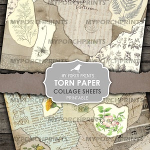 May include: Printable digital collage sheets featuring torn paper with vintage botanical illustrations, handwritten text, and a ruler. The sheets are designed for crafting and scrapbooking projects.
