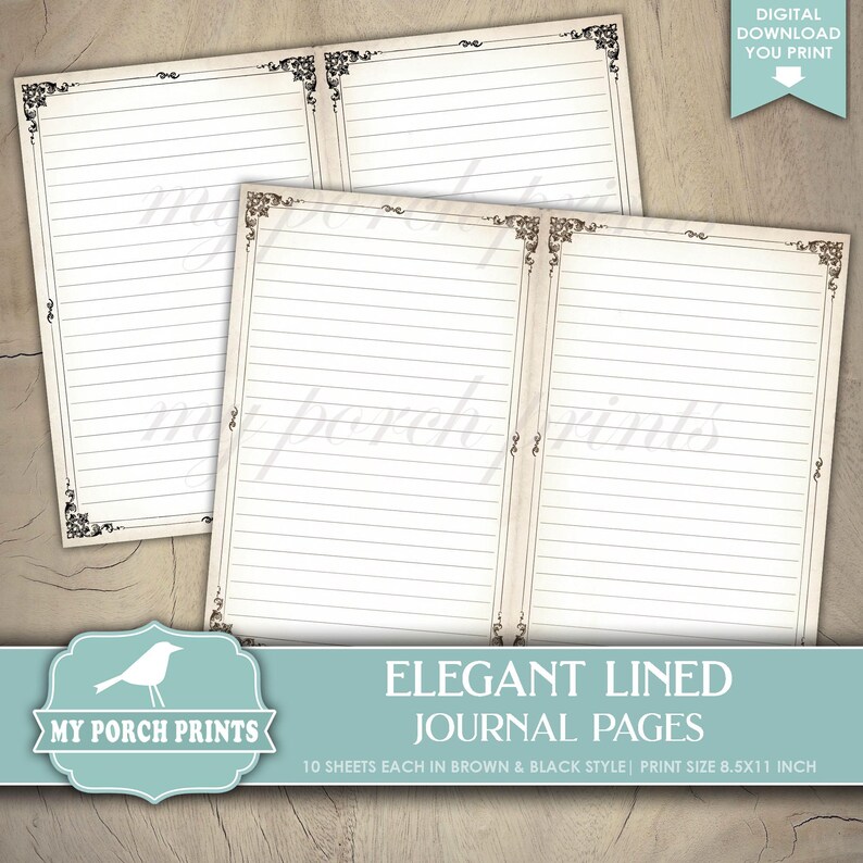 Elegant Lined Journal Pages, Junk Journal, Black, Brown, Vintage ...
