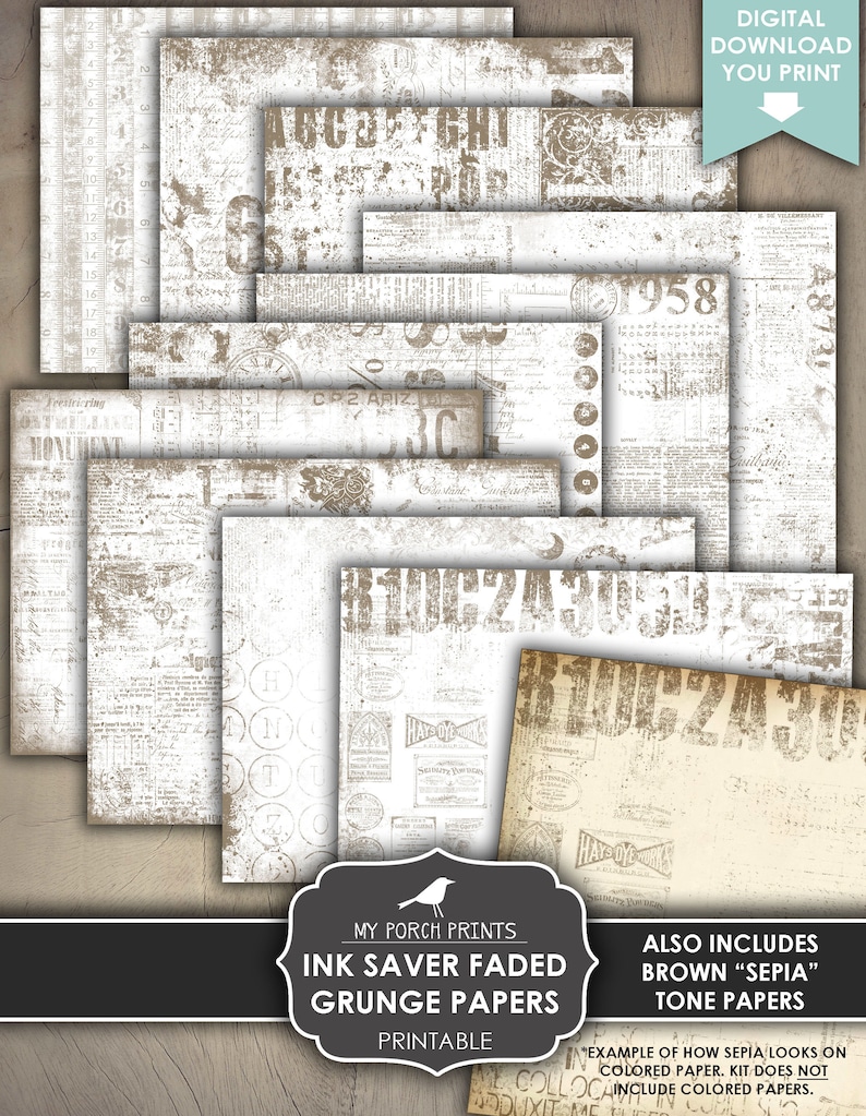 Faded Grunge Papers, Junk Journal, Ink Saver, Vintage, Black and White ...